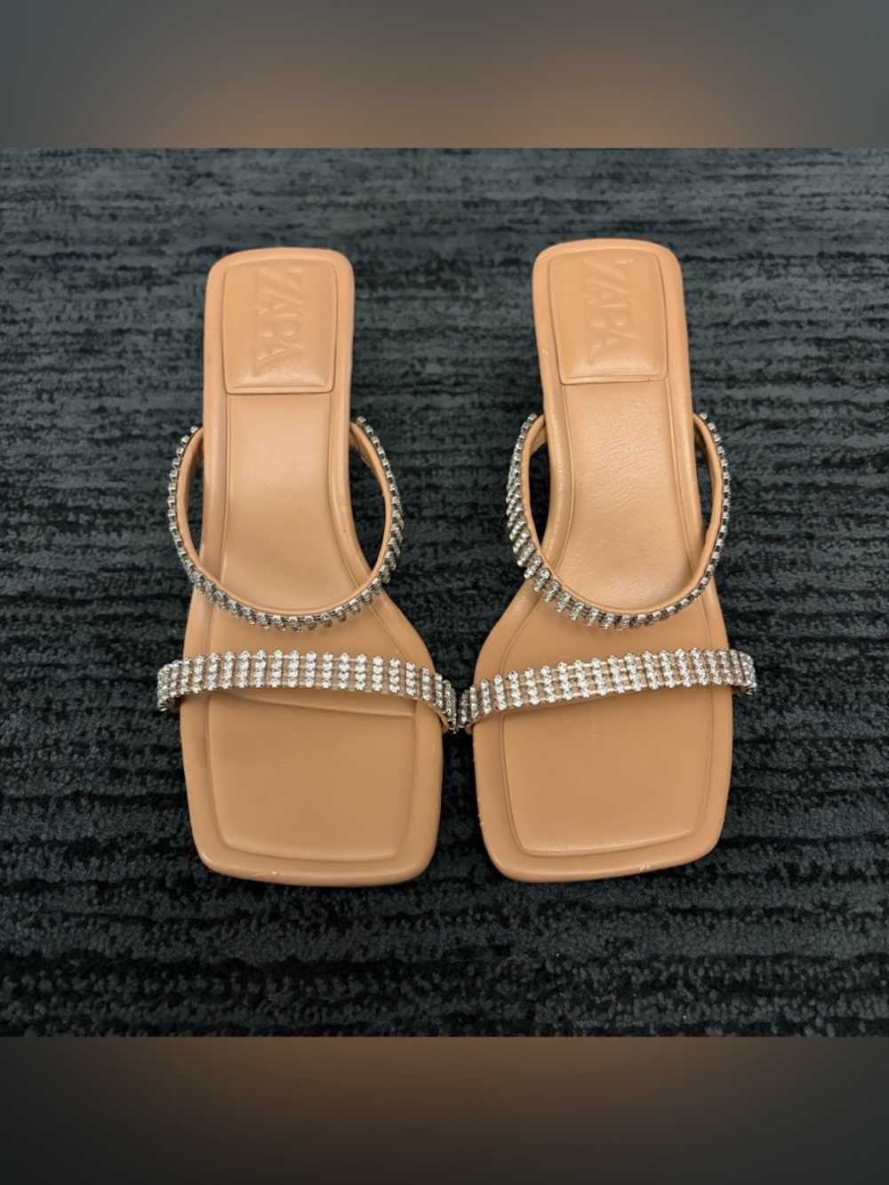 Zara Size 38 Tan/Nude Rhinestone Embellished Strappy Square Toe Sandal - Picture 2 of 6